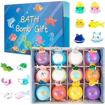 12-Piece Bath Bombs Set - Bath Bombs with Surprise Scented Bath Additives Bubbly Bath Bombs in Gift Box for Bathtub Gift Idea for Family and Friends Ocean