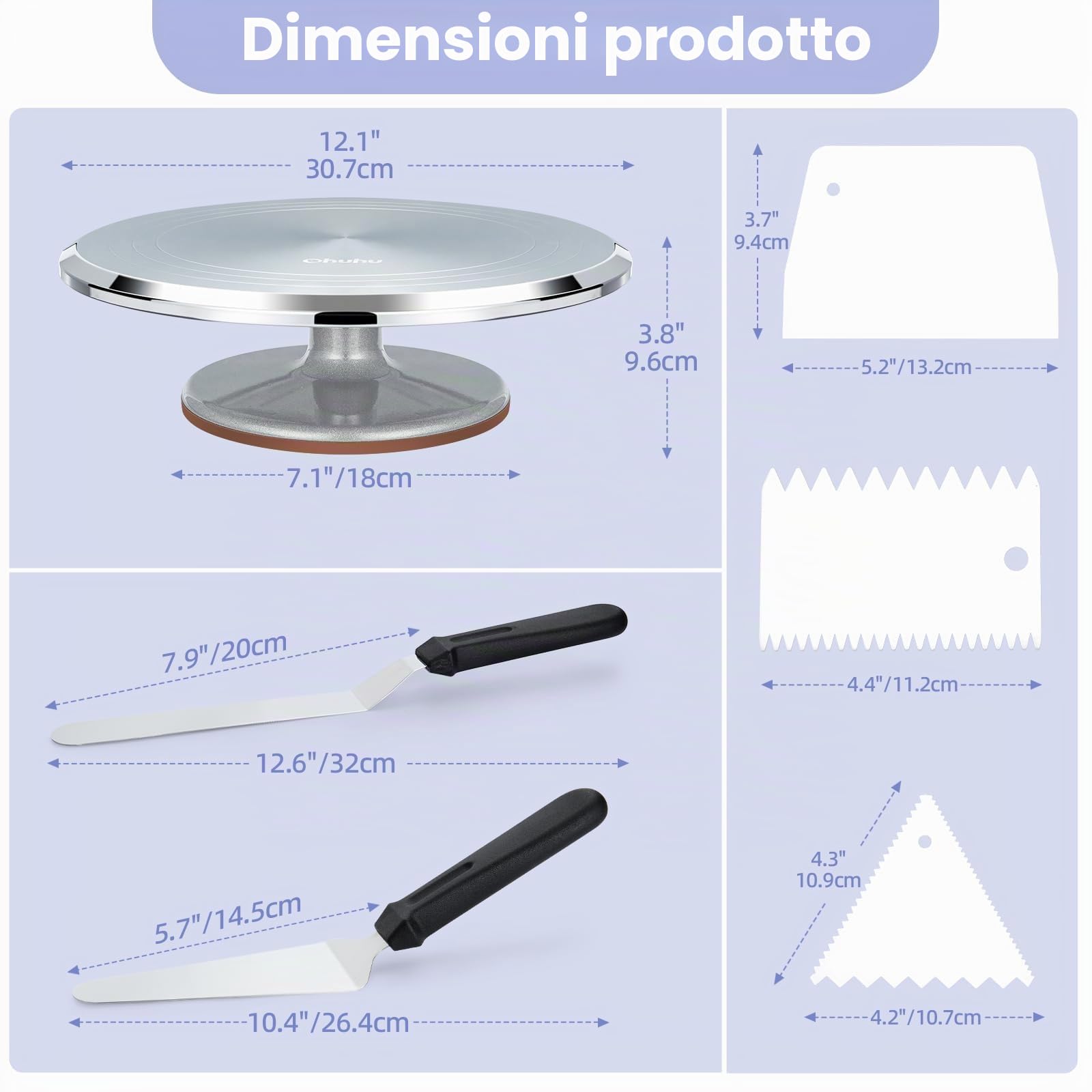 Ohuhu Piatto Girevole per Torte, 12 Pollici Set Decorazioni Torte Pasticceria in Alluminio, Vassoio per Torte Girevole con 2 Spatola Liscia e 3 Pettini Liscia