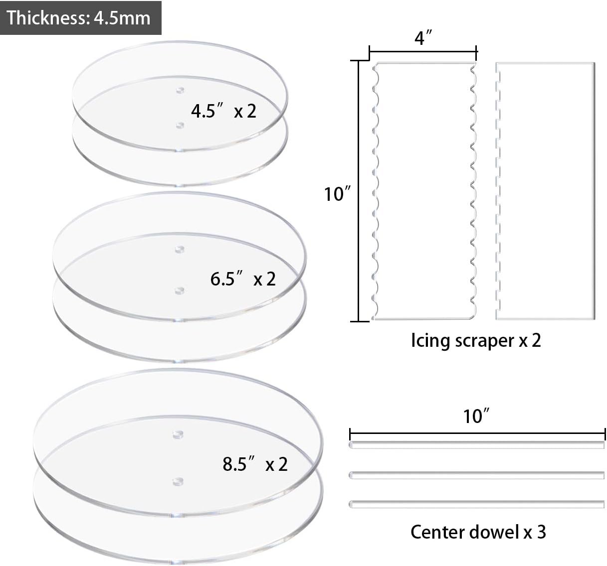 EAMATE Acrylic Cake Discs Set - Round Buttercream Cake Decorating Tools with 6 Acrylic Discs(2 Each of 4.5”, 6.5”, 8.5"), 2 Icing Scraper and 3 Center Dowel - for Serving Bake Goods