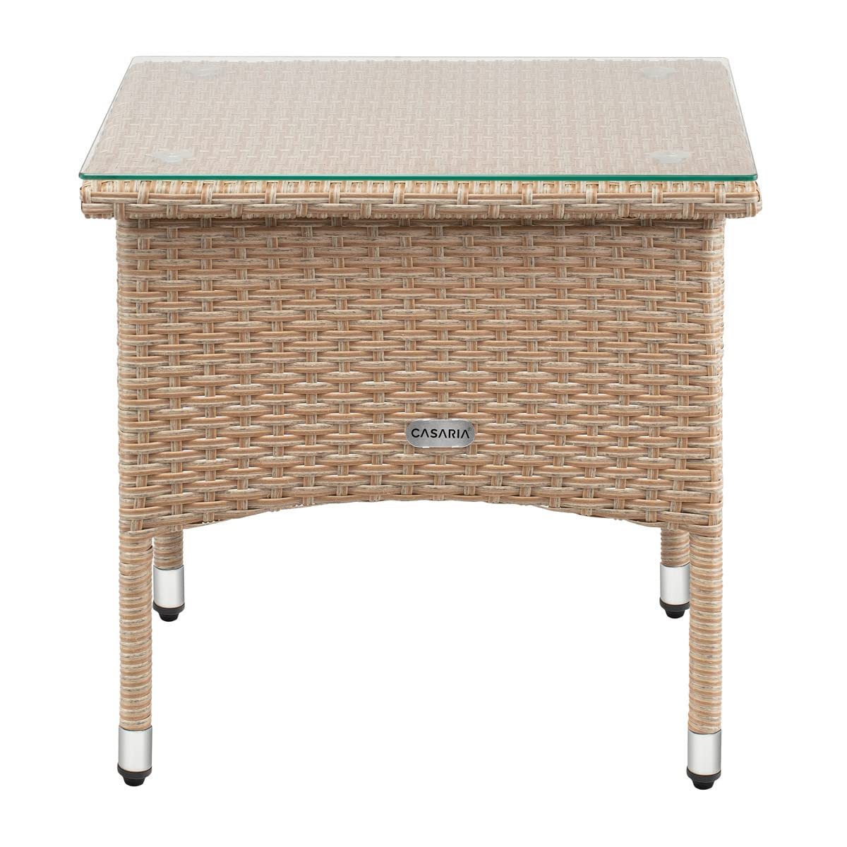 CASARIA® Mesita de Centro Poliratán 50x50x45cm Carga hasta 80Kg Mesa Auxiliar Jardín Ajustable en Altura Tablero Vidrio Resistente Intemperie Crema