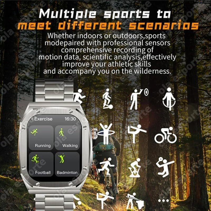 Smartwatch displaying various sports modes with outdoor activity background
