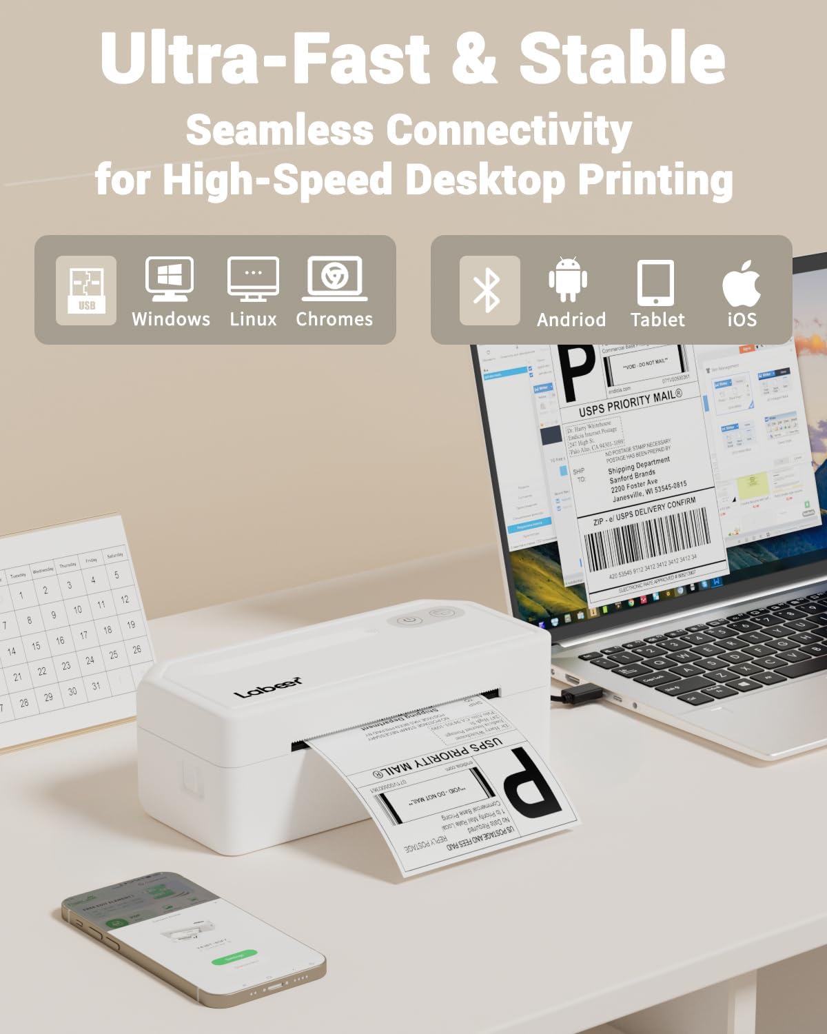 Labeer Imprimante d'étiquettes thermiques Bluetooth pour l'expédition de colis, petite entreprise, bureau ou maison, compatible avec téléphone, tablette et PC, compatible avec Ups/Shopify/Ebay et plus