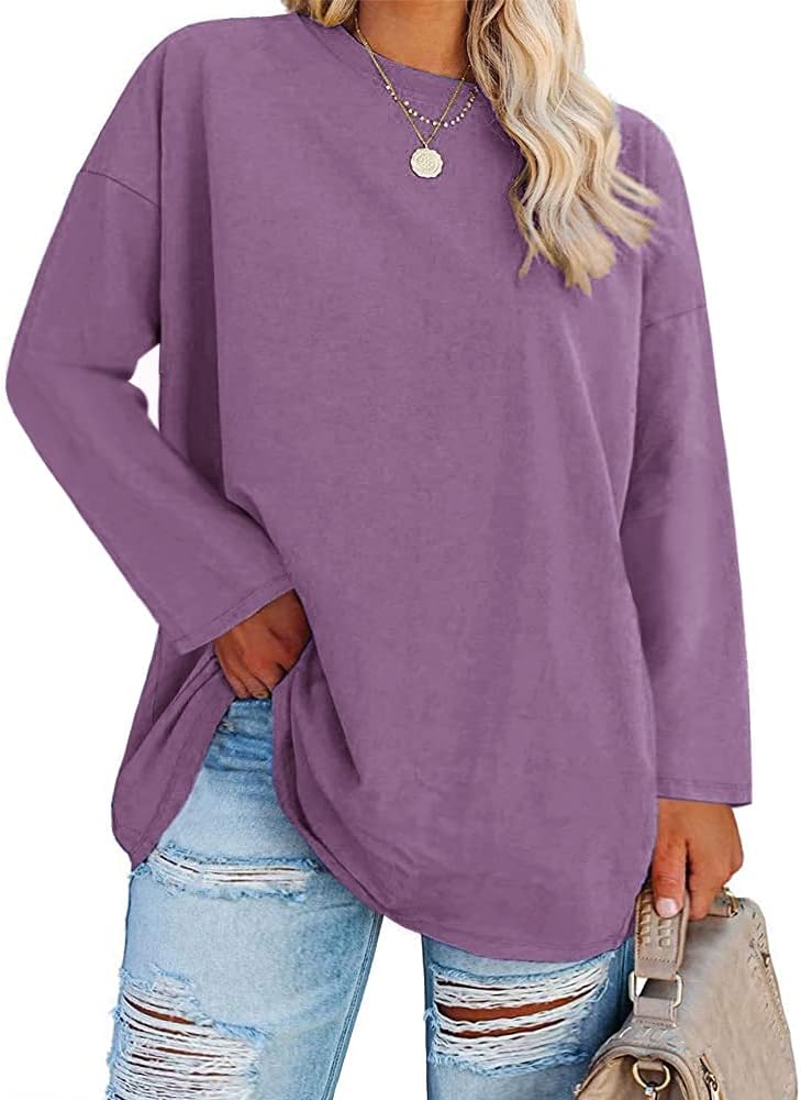 Fisoew Women's Plus Size Tops Long Sleeve Crew Neck Oversized T Shirts Loose Casual Tunics
