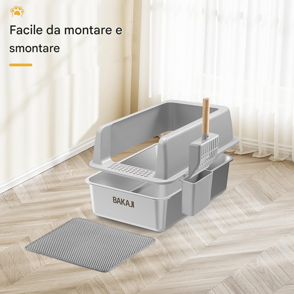 BAKAJI XXL offene Katzentoilette mit Boden aus Stahl, sandabweisend, Schaufel und Behälter, Schmutzmatte, rutschfeste Unterseite, Fassungsvermögen 35 l, Farbe: Grau, 60 x 40 x 30 cm