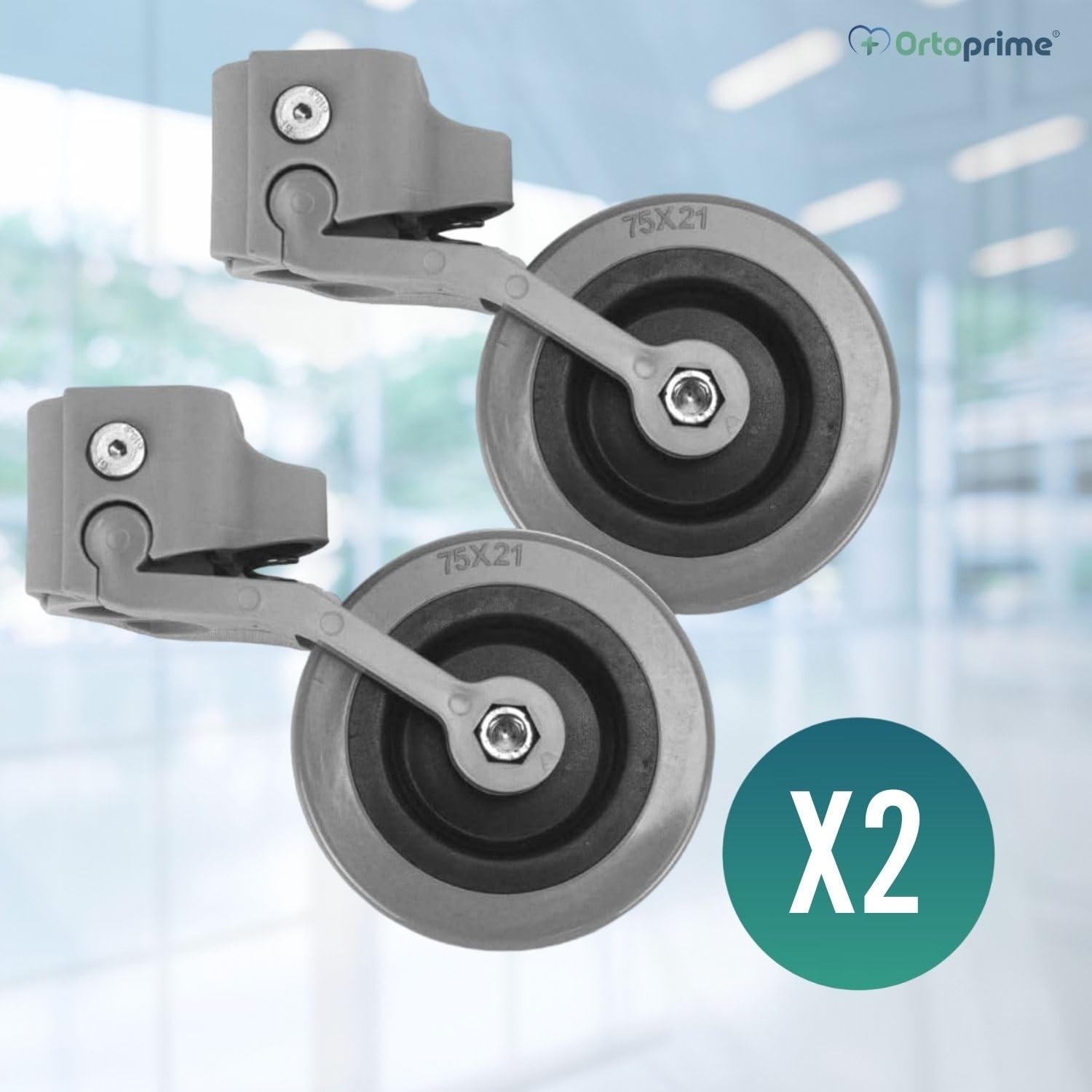 OrtoPrime Kit x2 RUEDAS Andadores Ancianos - Ruedas Traseras Adaptables a Andadores de Adultos - Casquillos Compatibles Tubo de 30mm 25mm y 22mm - Freno a la Carga por Presión y Fácil Instalación
