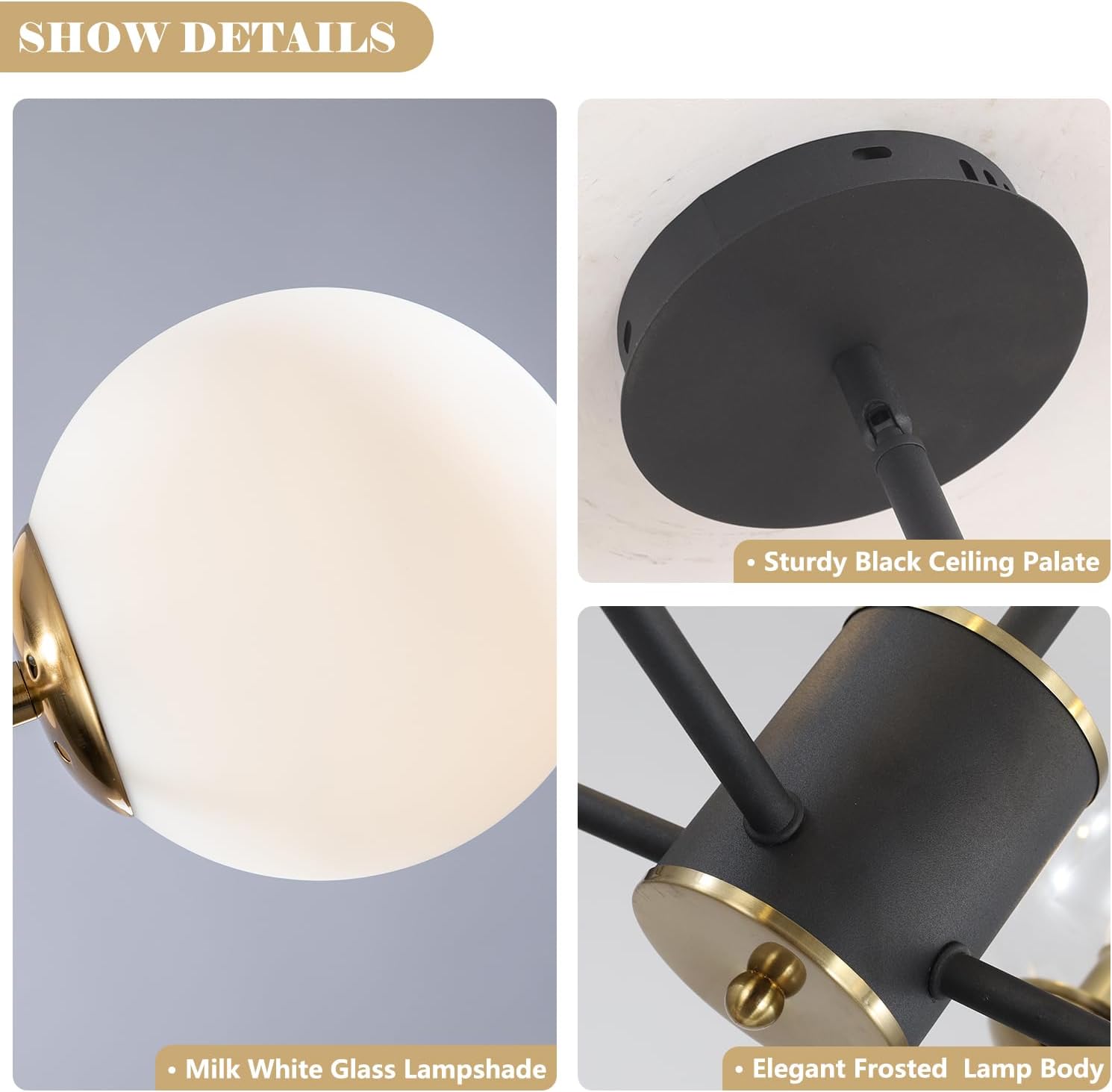Modern Black Ceiling Light Fixture Semi-Flush Mount Ceiling Light 8-Light Chandelier with Milky Frosted Lampshade for Living Room Bedroom Farmhouse