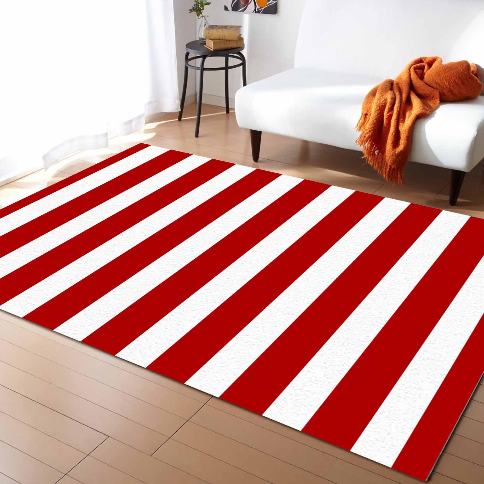 Striped Indoor Area Rug, Geometric Red and White Stripes Soft Non-Shedding Carpet Floor Mats, Rubber Backing Washable Throw Rug for Living Room