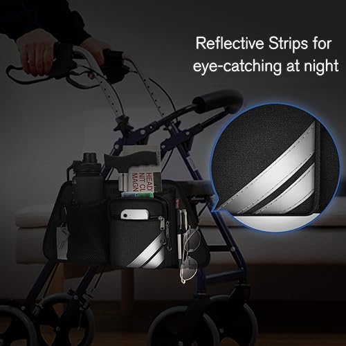 Miniatura 4 de FINPAC Bolsa de almacenamiento lateral con soporte para tazas para caminantes bariátricos, sillas de ruedas, organizador de accesorios para rodillos