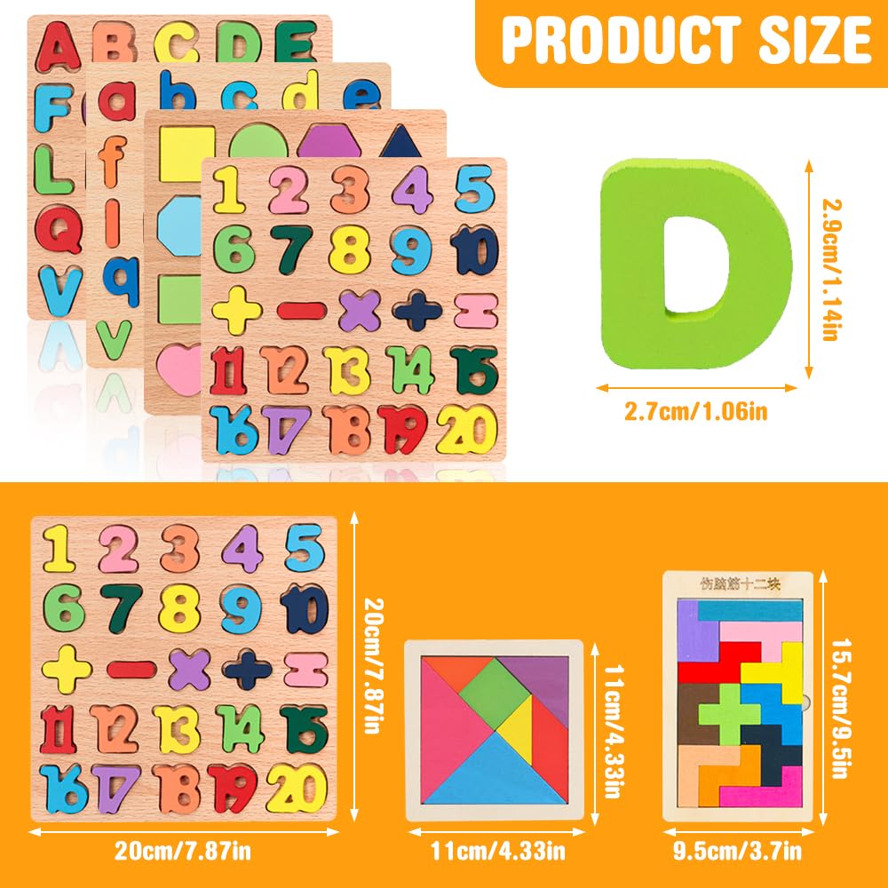 ABC Legno Puzzle Alfabeto Tavola 6 Pezzi Puzzle Lettere e Numeri, Tangram Tetris Puzzle di Legno Geometrico Montessori Gioco Lettere Alfabeto Puzzle, Regali Educativi per Bambini