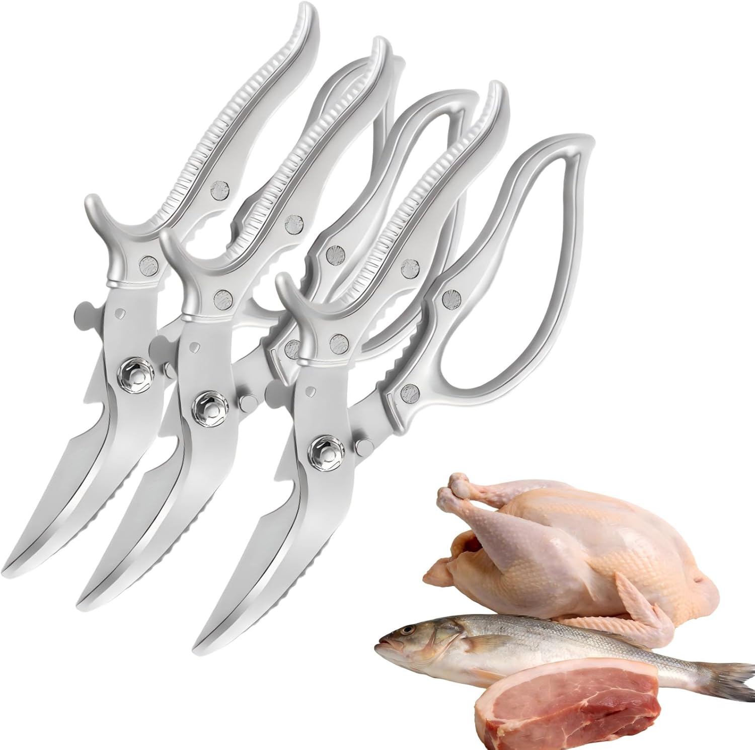 News Stainless steel Bone Cut Kitchen Scissors, Non-Slip Handle & Safety Lock, All Purpose Kitchen Shears for Chicken, Meat Cutting, Turkey, Fish, Vegetables, Spring Loaded, Dishwasher Safe (3)