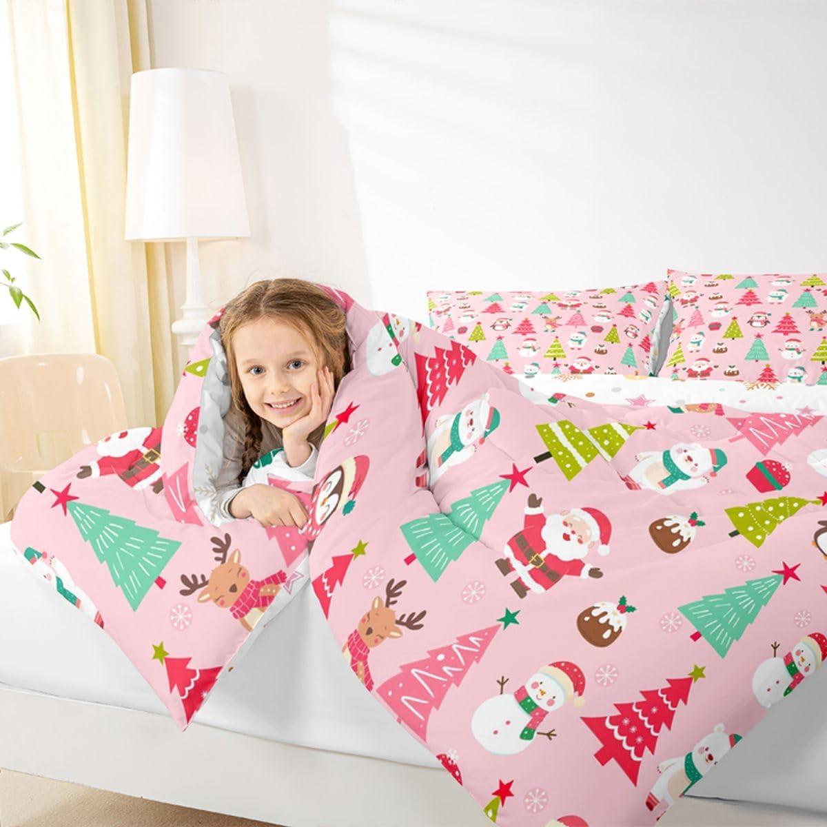 Erosebridal Merry Christmas Down Comforter Queen Size, Funny Santa Claus Quilt for Kids Boys Girls Children Bedroom, Snowman Penguin Comforter Set Christmas Tree Duvet Insert Xmas Decor, Pink