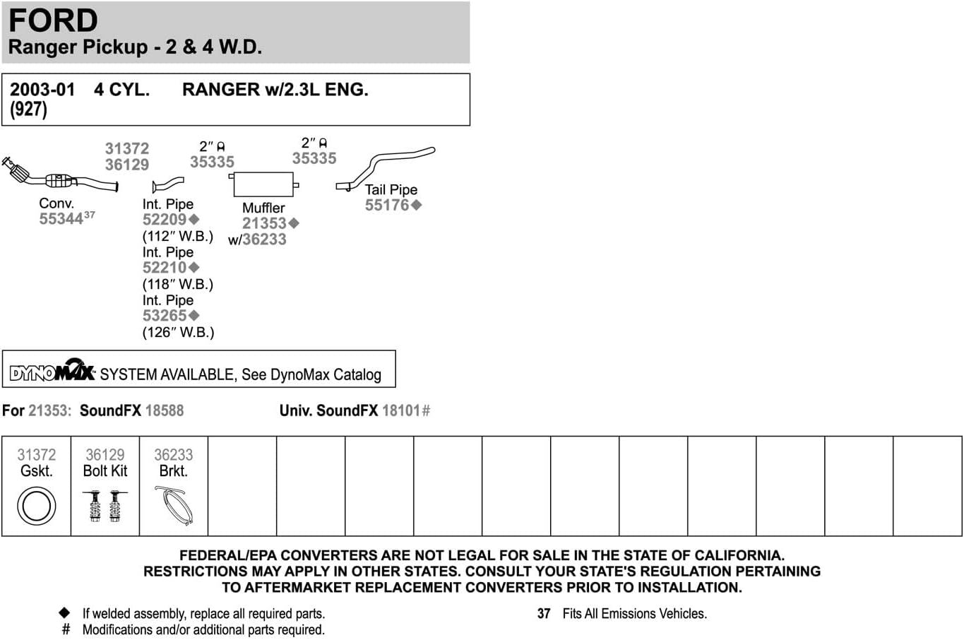 Walker 55176 Exhaust Tail Pipe 2" Inlet (OD) 2" Outlet (OD) for Ford Ranger