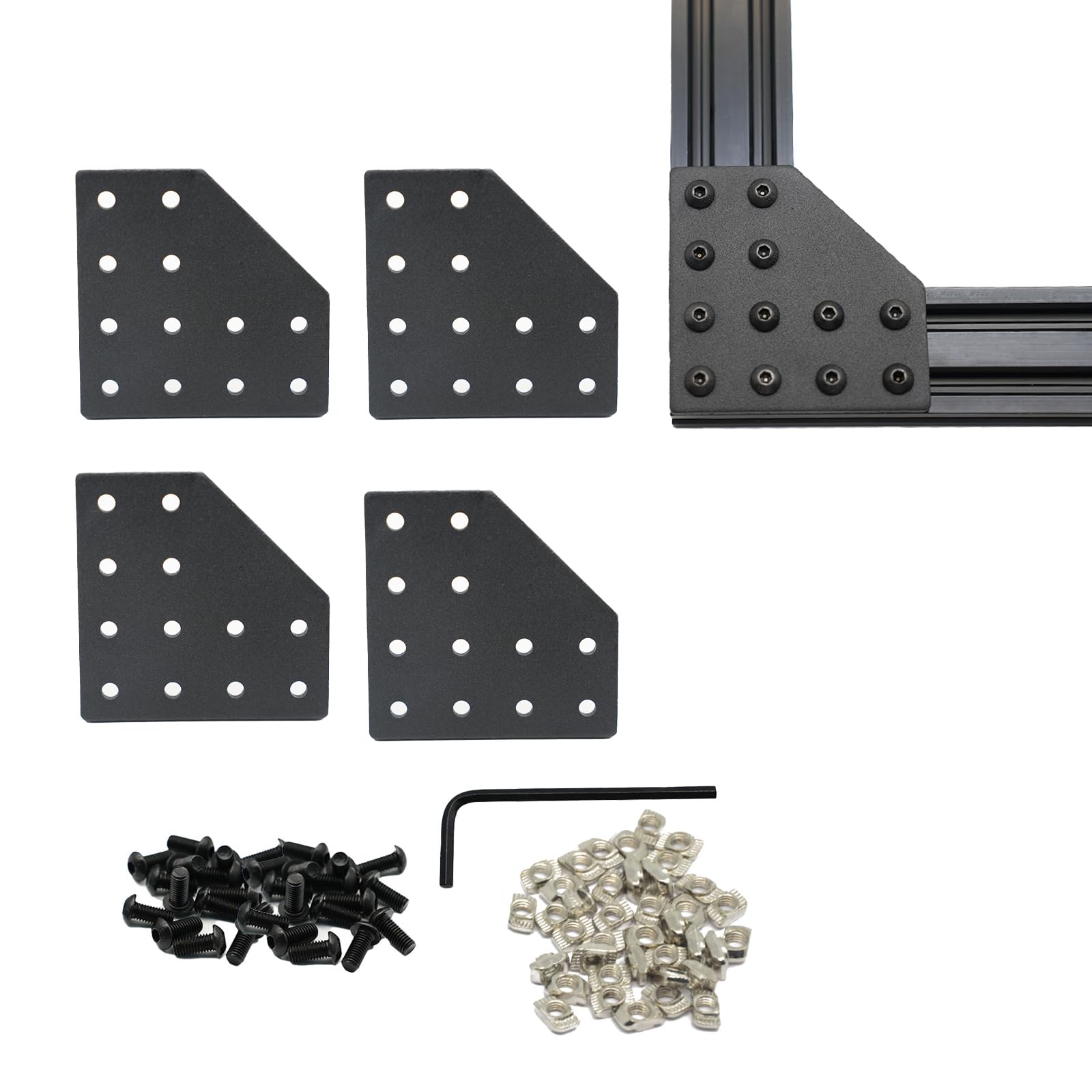 Iverntech 4 Sets 2040 Aluminum Extrusion Joint Plate Connector Corner Bracket Hardware L Shape 12 Hole for T V 6mm Slot with 48 pcs M5 T Nuts + 48 pcs M5 Screws + 1Pcs Wrench (Black)