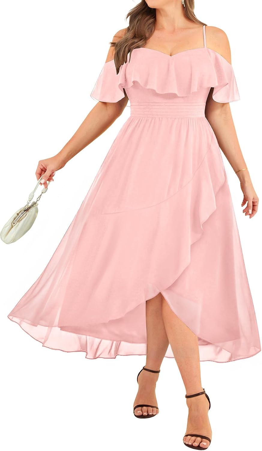Talisea Plus Size Dresses Wedding Guest - Formal Off The Shoulder Bridesmaid Chiffon Ruffle Long High Low Dress Curvy Women