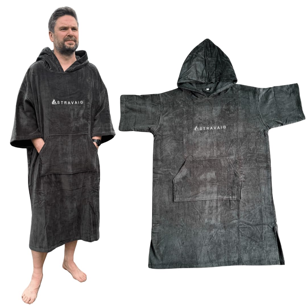 Stravaig Towelling Poncho for Adults and kids - Easy Changing Towelling Robe for Swim, Surf, Wild Swimming, Beach (Dark Grey, S-M)