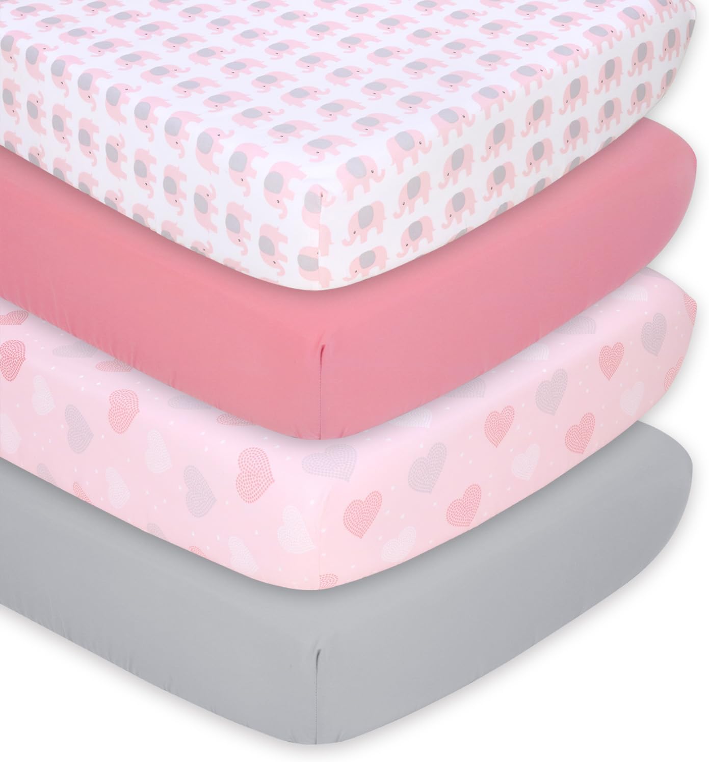 The Peanutshell Baby Crib Sheets 4-Pack for Girl - Soft, Oval & Fitted Baby Girls Crib Sheet, Rectangle, Fitted Covers, Halo Mattress - Pink Elephant