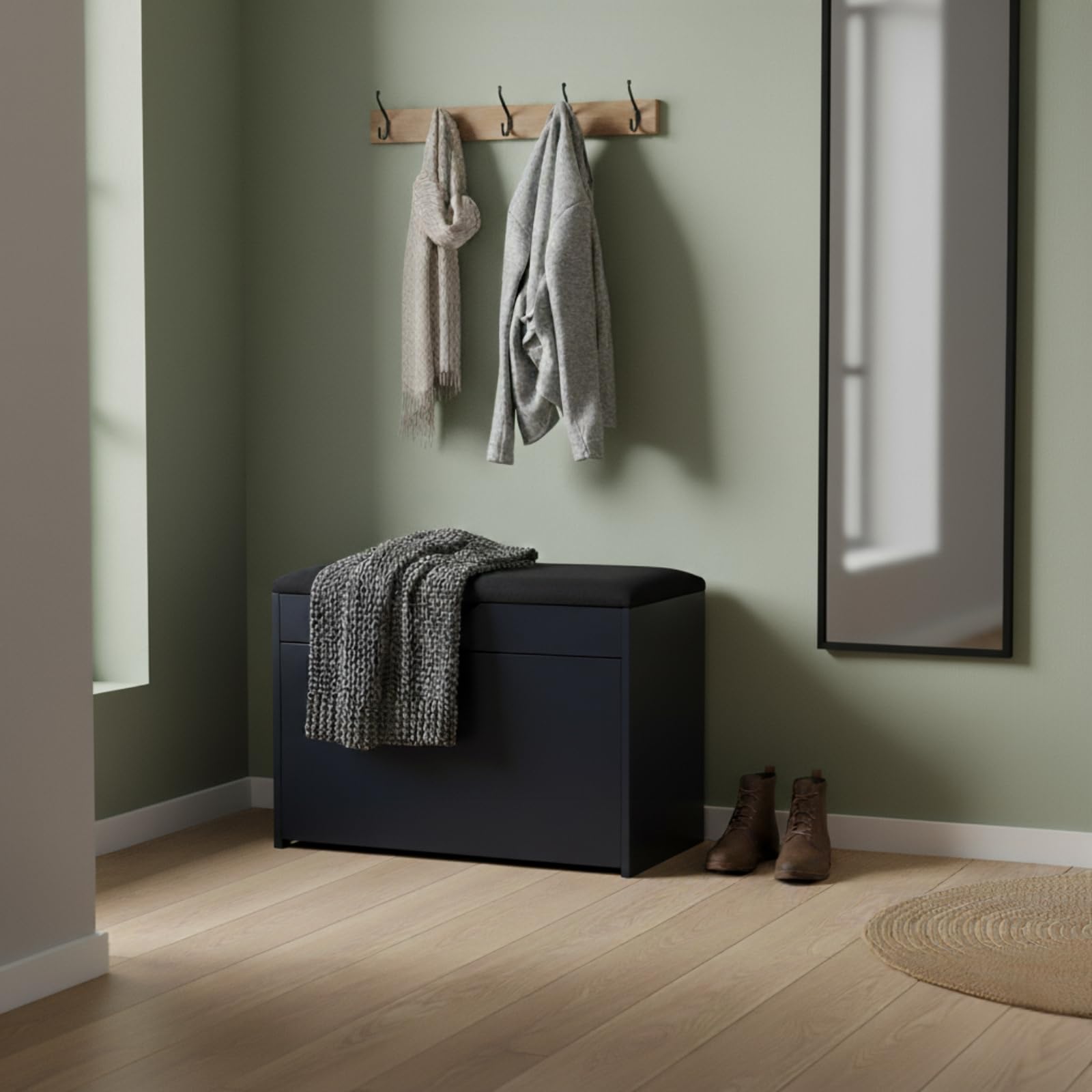 MDF Schuhschrank mit Sitzbank und ausziehbaren Regalen, Polyester Polsterung, 57 x 30 x 53 cm, Multifunktional für Flur (schwarz)