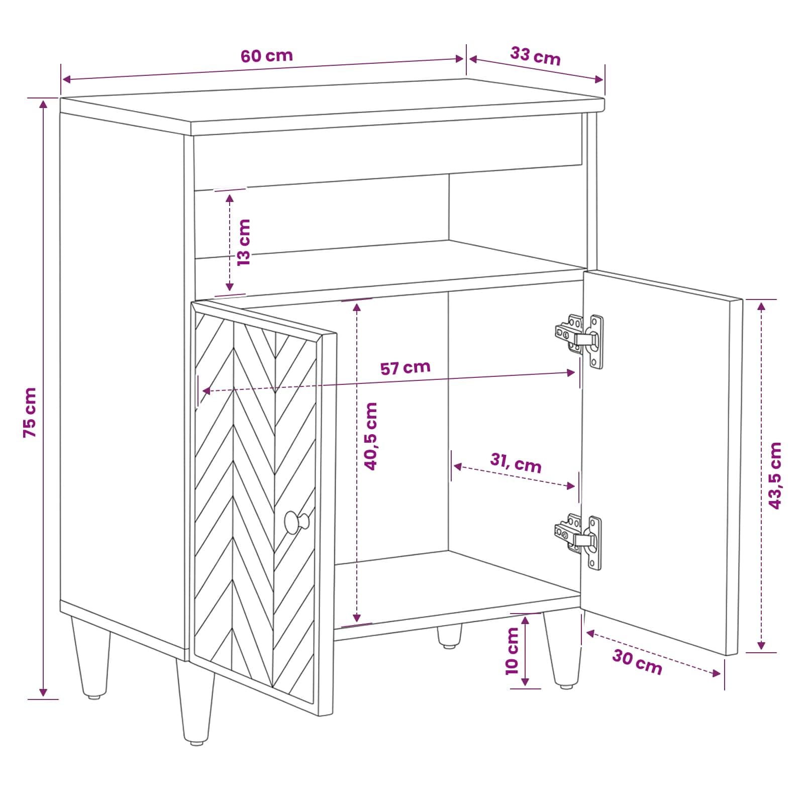 Armadio portaoggetti in legno massiccio di mango marrone, 60 x 33,5 x 75 cm, con pomelli in ottone, credenza per soggiorno, console multimediale con ante e pratico vano portaoggetti, ideale