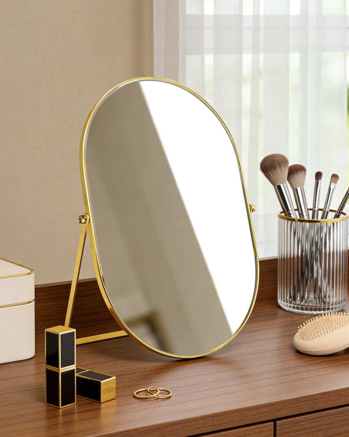 Vanity Desk Table Mirror, Adjustable Rotation Oval Tabletop Standing Makeup Mirror with Metal Framed for Living Room, Bedroom, Bathroom, Gold