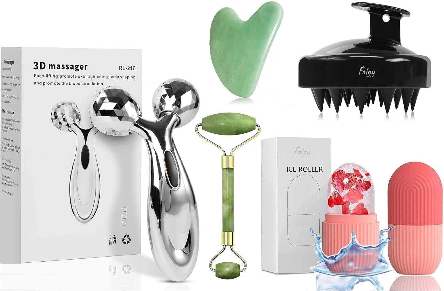 Faigy Jade Roller With Gau sha Stone, 3D Roller Massager, Head Scalp Shamppoo Massager Brush, Ice Roller, Face Massager (Multi Color)