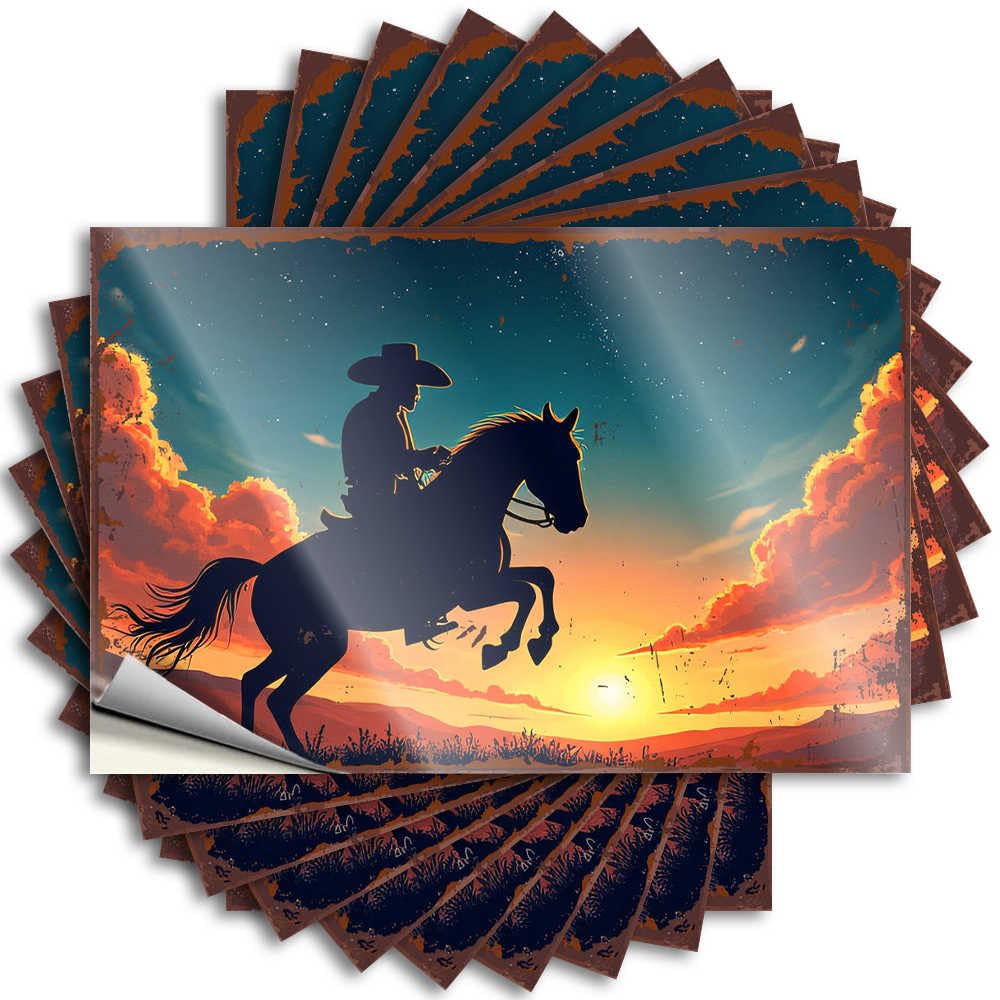 Funny Sticker - Tiny Laptop Silhouette of Cowboy On Horse Against Sunset Sky for Motorcycle Cool Bathroom Stuff(6X9CM)
