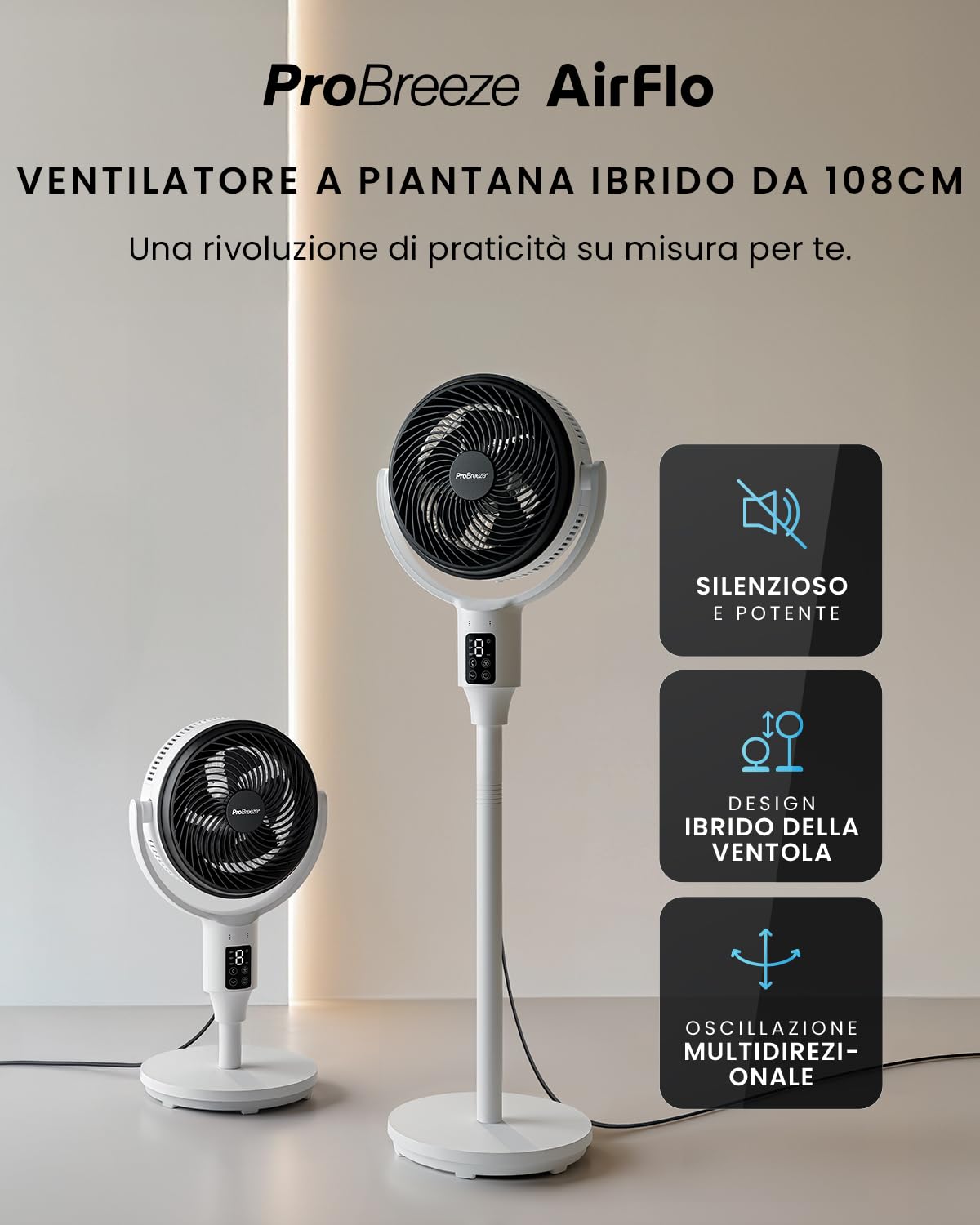 Pro Breeze AirFlo Ventilatore 20dB Ultra Silenzioso– 9 Velocità, Da Ventilatore a Piantana(109 cm) a Ventilatore da Tavolo(60 cm), Oscillazione Vortex 95°/135°, Casa e Ufficio, Telecomando