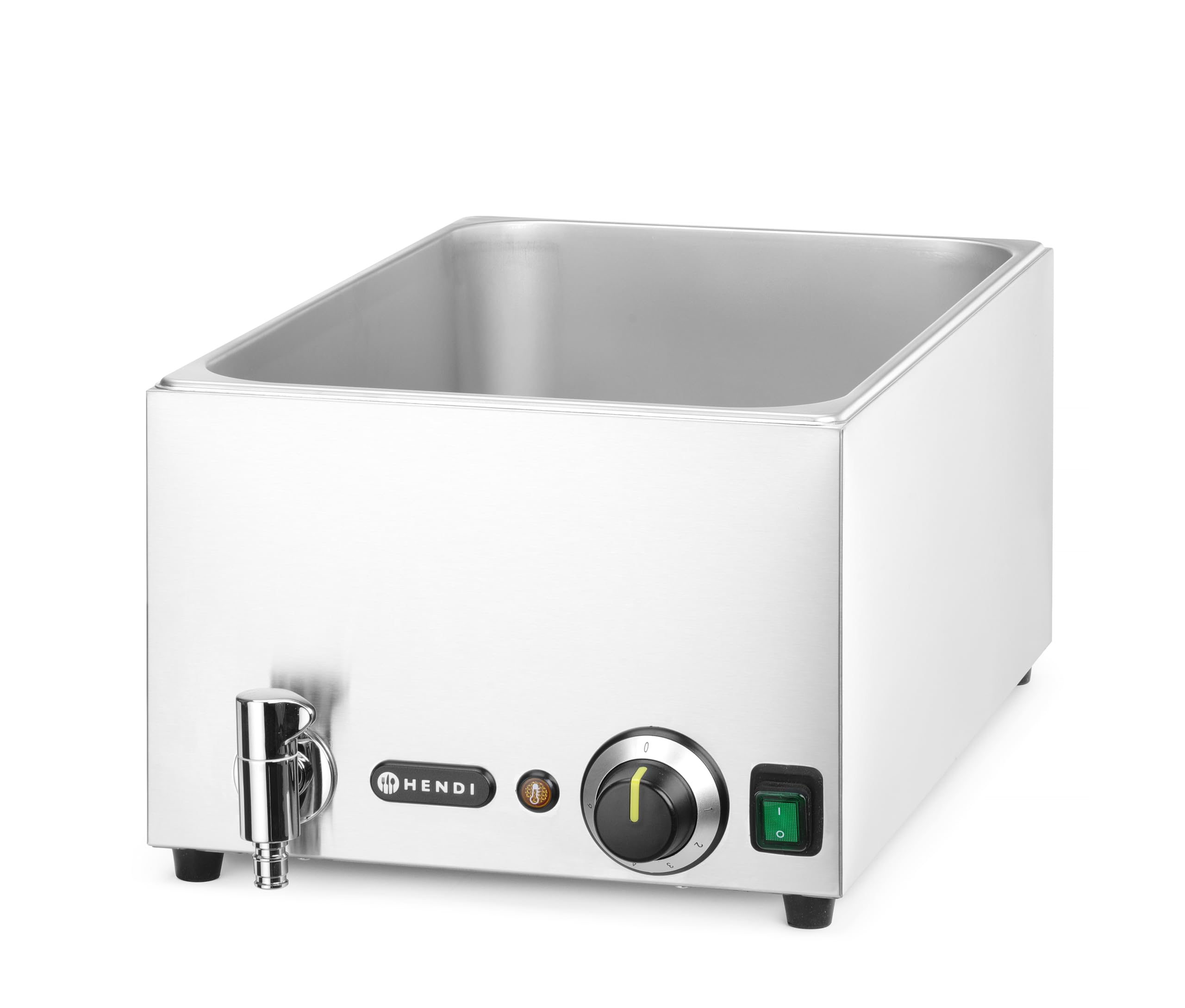 HENDI Bain-Marie mit Ablasshahn Set, mit 3x GN1/3 Behälter und Deckel, Temperaturbereich: 30° bis 85°C, 6 Heizstufen, Speisenwärmer, Buffetwärmer, GN1/1, 230V/1000W, 604x332x(H)242mm, Edeltahl