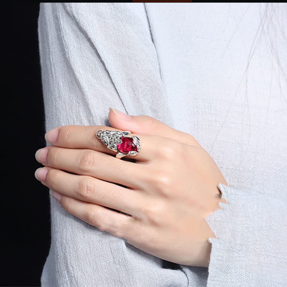 S925 Sterling Silber Red Pixiu Ringe Retro Granat Feng Shui Ringe Charming Lucky Jewelry Für Frauen Mädchen
