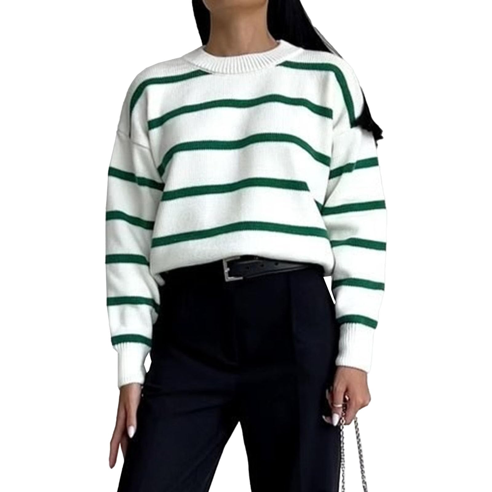 Plus Size Fall Clothes for Women Womens Cropped Striped Sweater Casual Pullover Ribbed Knit Cute Crewneck Sweaters