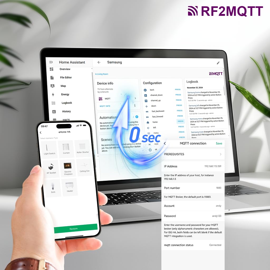 eHome HA Wi-Fi Smart RF Mando Universal, Controlador RF para Interruptores de Luz, Ventiladores de Techo, Motores de Persiana, RF2MQTT Home Assistant, Compatible con Alexa y Google Home