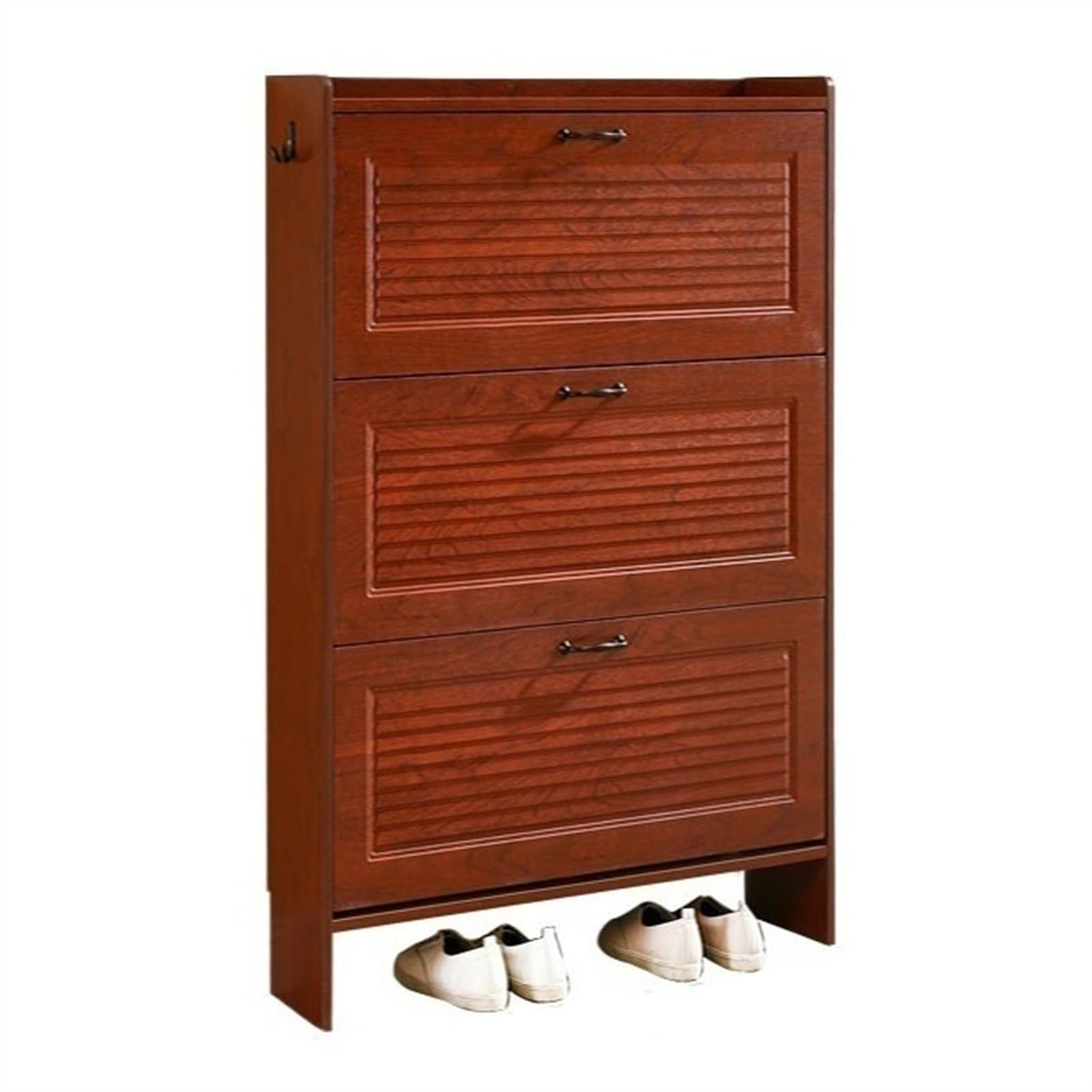 Armadio per Scarpe Scarpiera sottile in stile cinese, organizer for scarpe autoportante con 3 cassetti ribaltabili, salvaspazio, scarpiera da ingresso con gancio laterale Portascarpe(95x24x120CM)