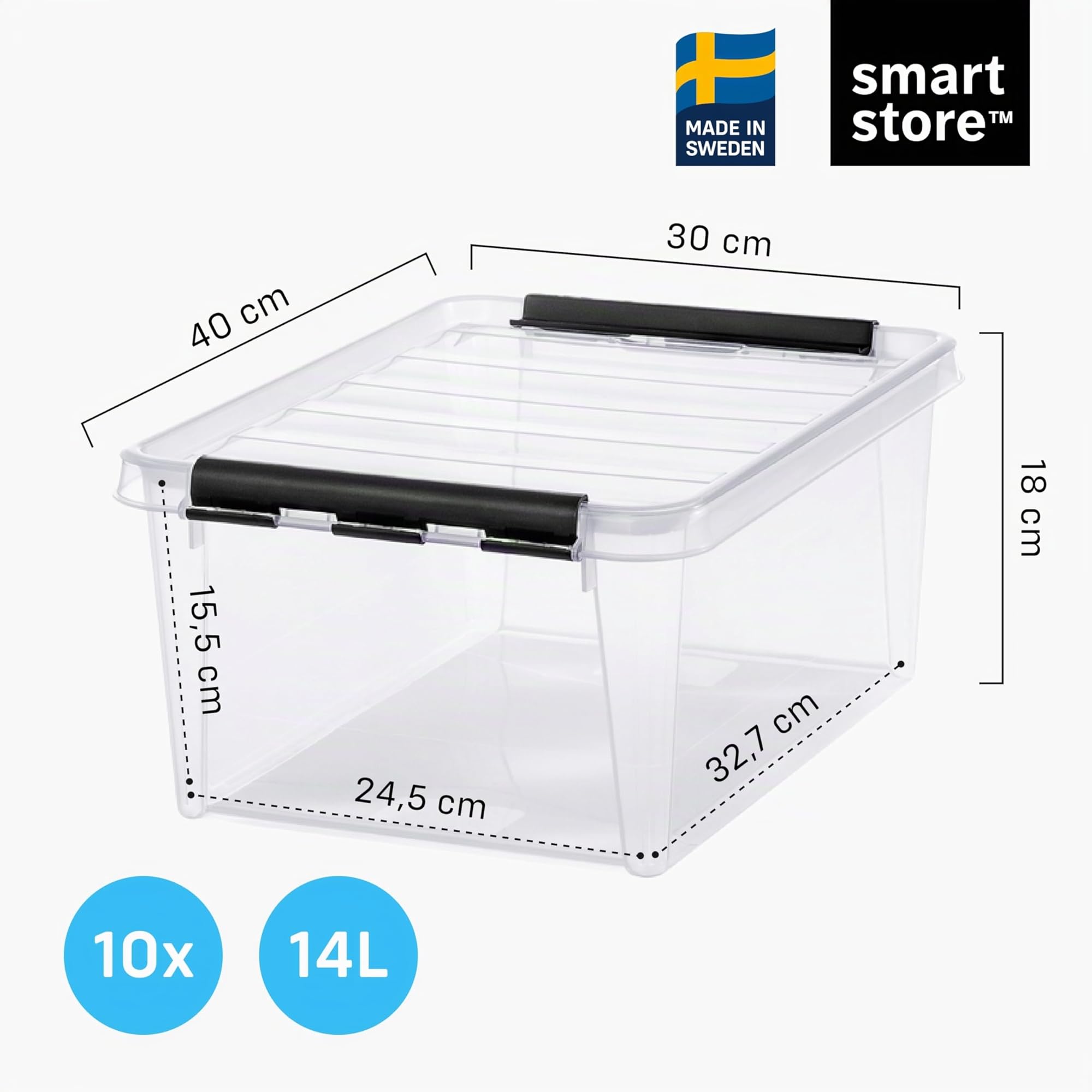 SmartStore Cajas de almacenamiento de plástico transparente de 14 litros con tapa, paquete de 10, reforzadas, seguras para alimentos, con cierre de clip, apilables, sin BPA, 40x30x18cm