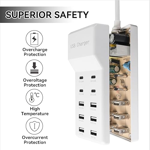 Miniatura 3 de Bloque de estación de carga USB con 10 puertos (6 puertos USB-A y 4 puertos USB-C), tira de alimentación USB para teléfono inteligente, tableta,