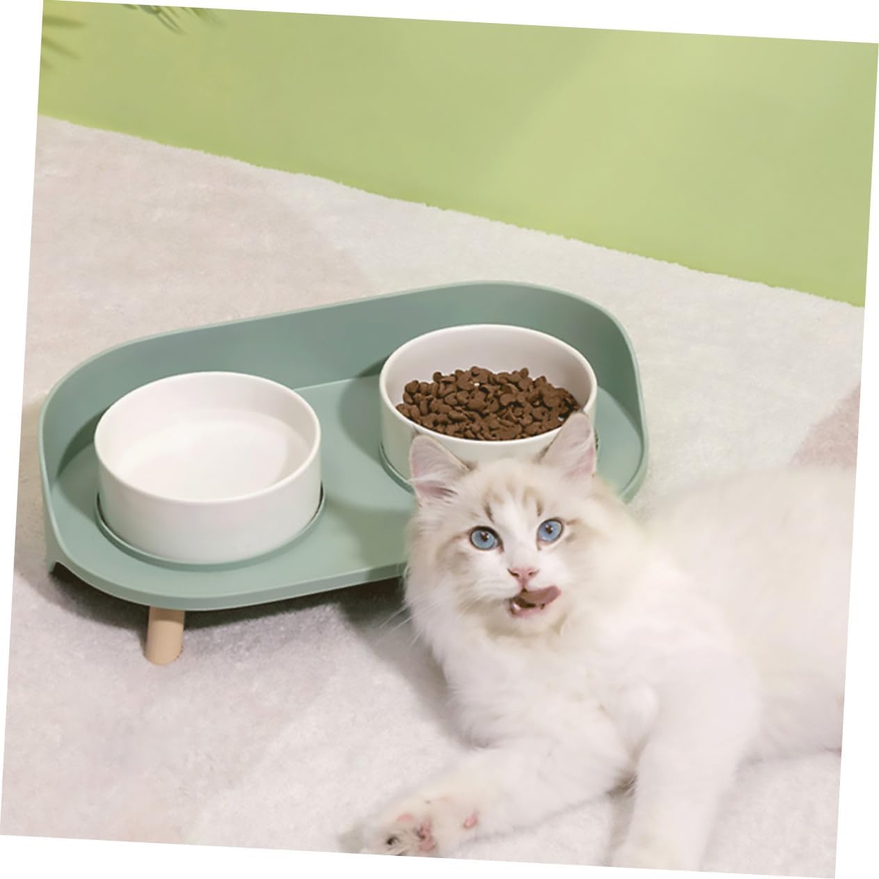 1PC Ceramic Cat Bowl with Elevated Base Mint Green Pet Feeding Dish for Cats Odorless Easy to Design Protects Cervical Spine Prevents Chin Fat