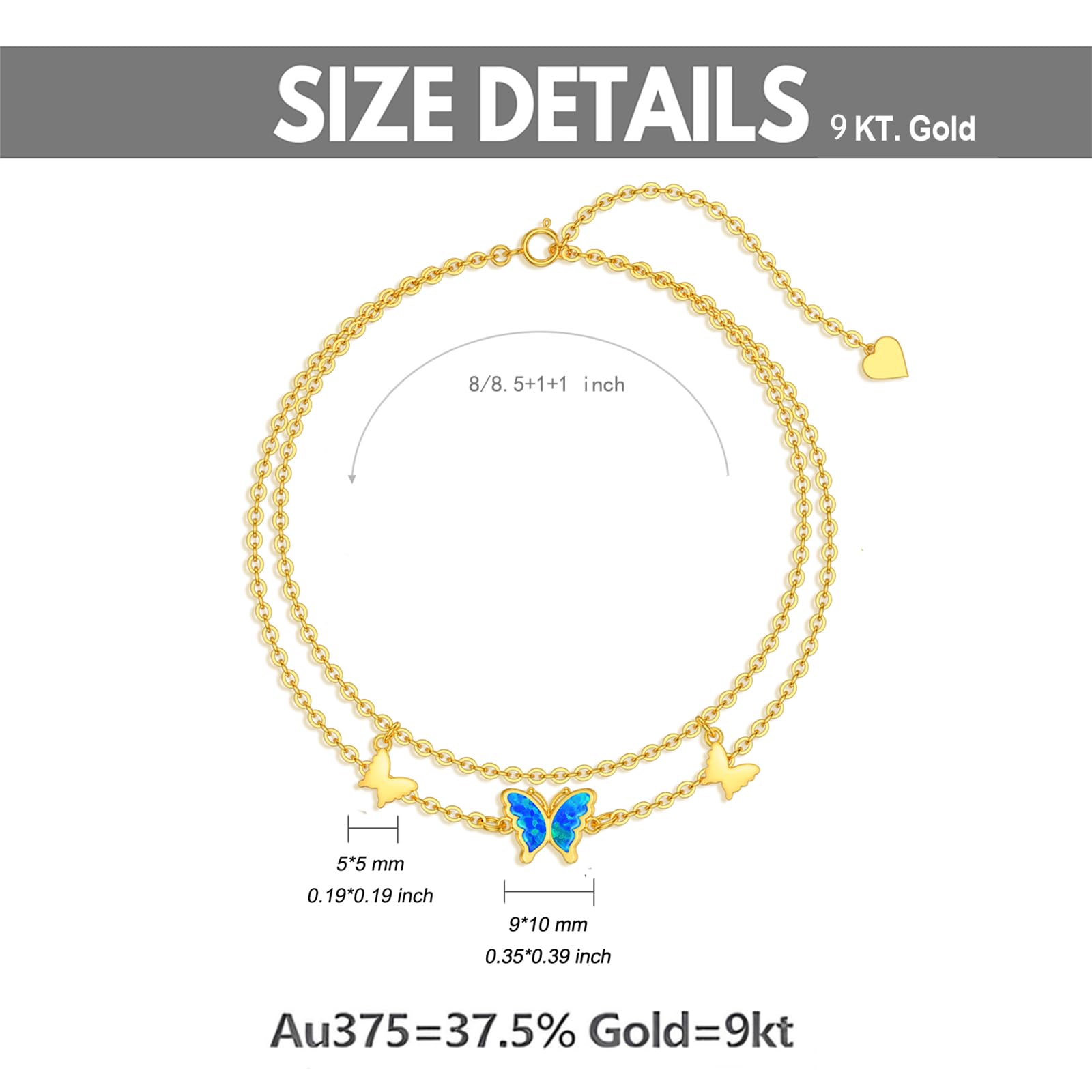 9k Echtgold Schmetterlings Fußkette für Damen Frauen,375/9ct Gold Fußkettchen Schmetterlings Fusskettenchen Schmuck Geschenke für Geburtstag Weihnachten 19/20+5 cm