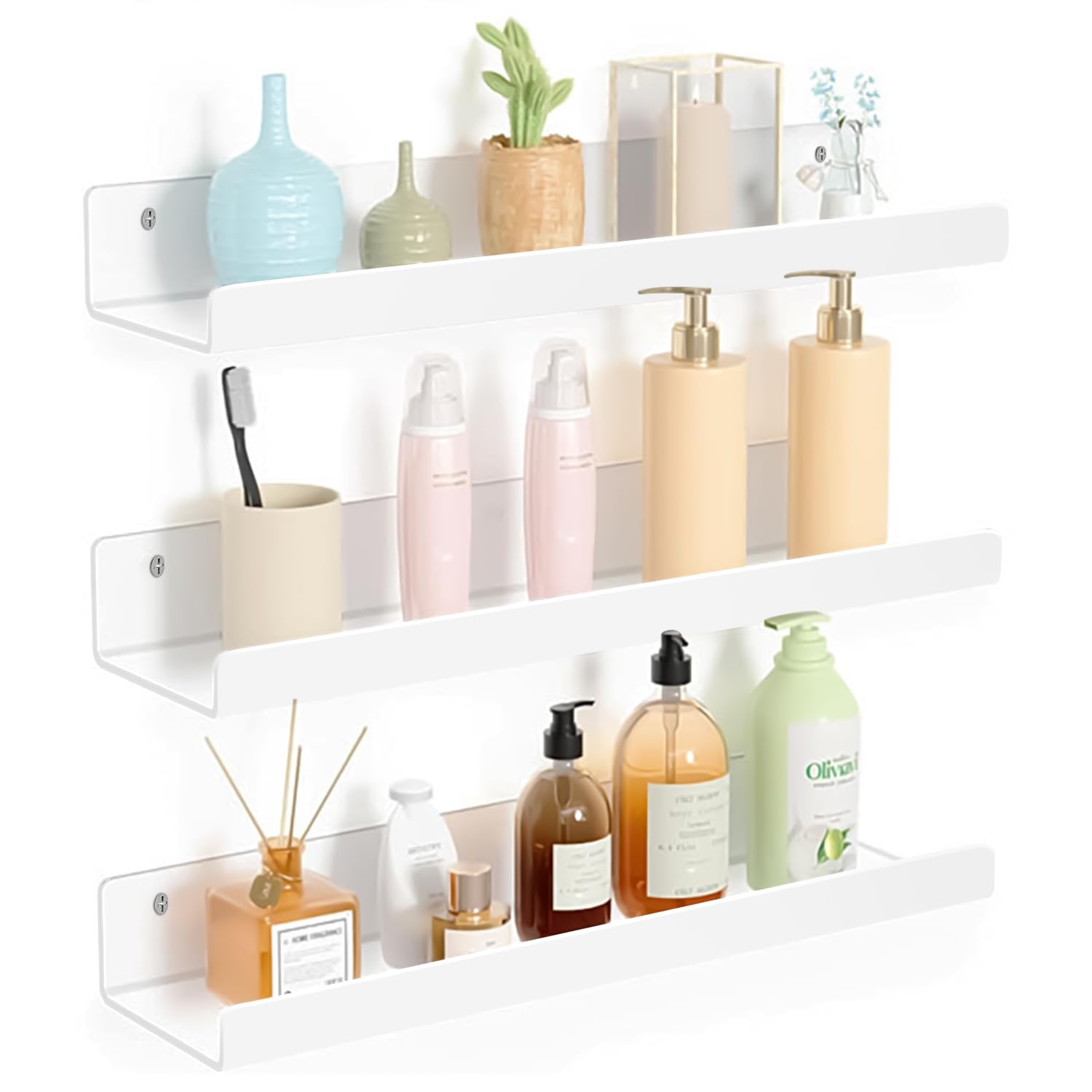 AIDUCHO Estantería de pared sin taladrar, 3 unidades, 38 cm, color blanco, estantería decorativa para pared, estantería flotante, estantería de pared, estante de pared para salón, dormitorio, baño,