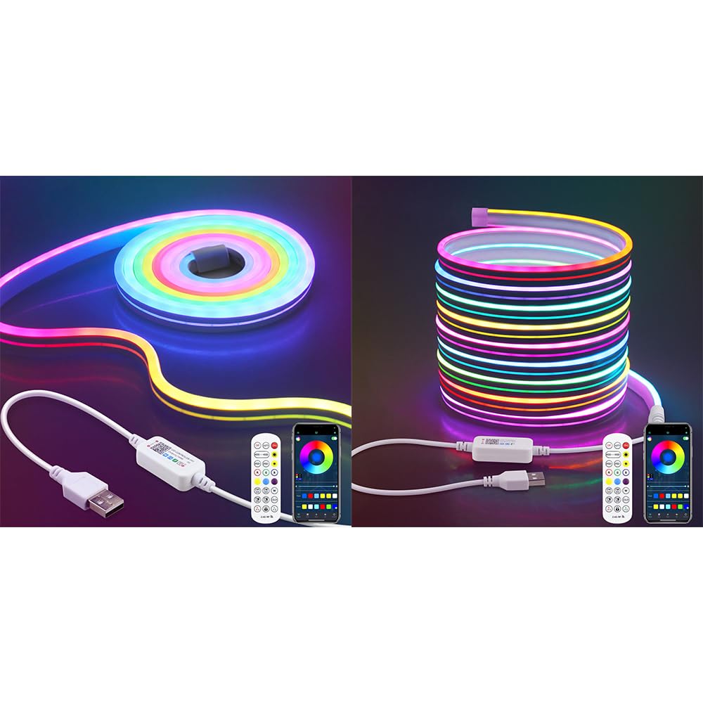 Aclorol Neon LED Streifen 3M RGB IC Neon 5M RGB LED Streifen mit USB Anschluss Addressable Musik Sync Dimmbar mit App-Steuerung Wasserdicht IP65 für Wohnzimmer Gaming Party