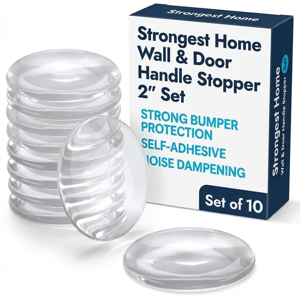 Strongest Home Wall & Door Handle Stopper 2" Set of 10 Pieces of Clear Rubber Door Knob, Round Wall Shield Cushion, Quiet Wall Protector for Door Handle, Guard Door Bumper Silencer Self - Adhesive