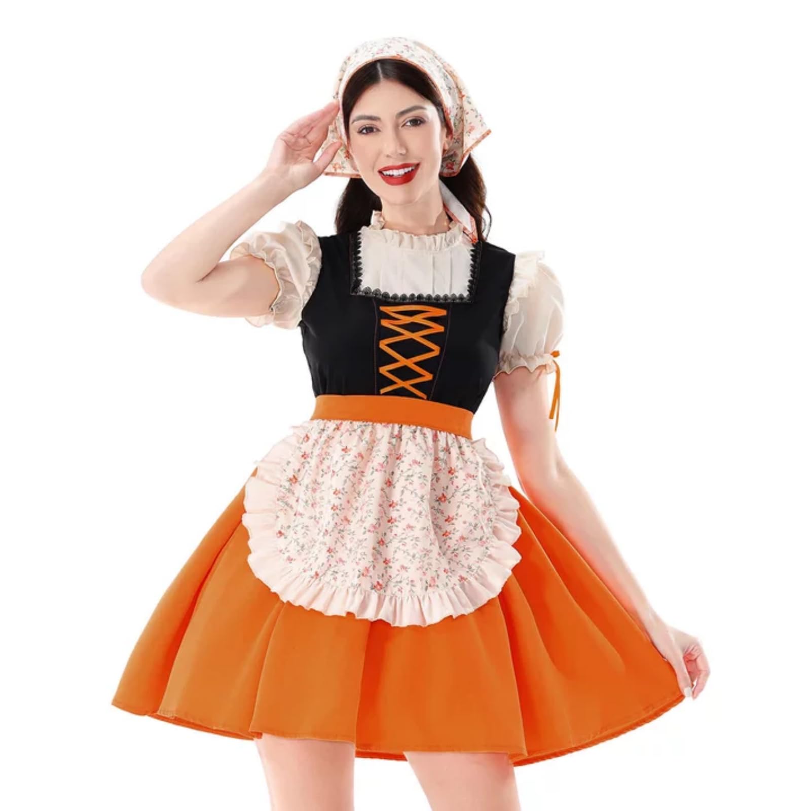 Générique Robe Dirndl Femme Oktoberfest Traditionnelle - Manches Bouffantes, Corset Lacé, Tablier à Volants Fleuri, Costume Bavaroise pour Fête à Thème, Carnaval et Soirée Déguisée