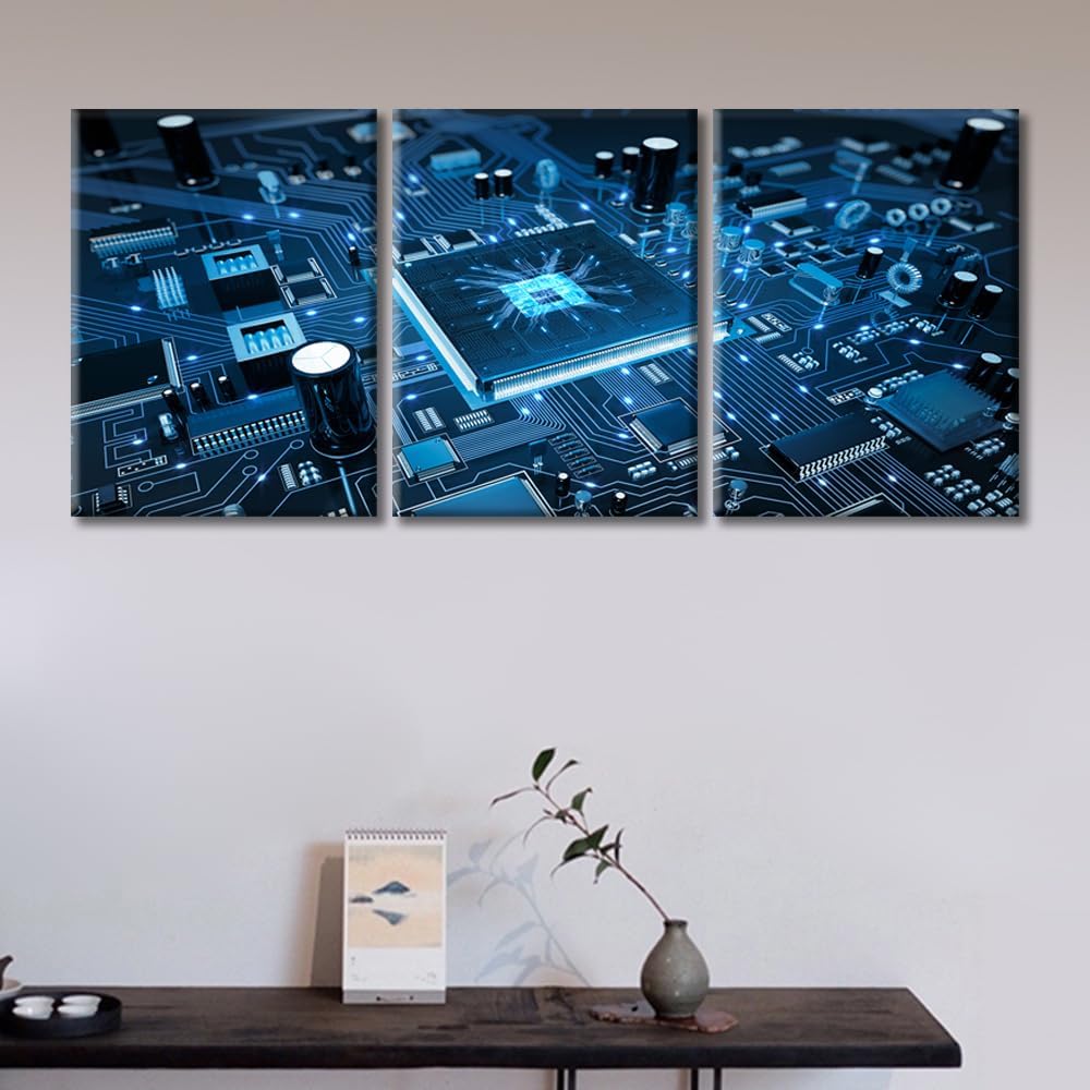 CPU Concept Canvas Wall Art Integrated Communication Processor Posters and Prints Bathroom Decor Wall Art 3 Panel Circuit Board Bedroom Poster Artwork Print on Canvas Framed Ready to Hang (36"Wx16"H)