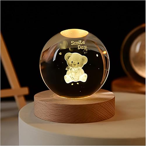 Gouccpu Bola de cristal brillante 3D tallada interior pequeña bola de cristal con base de madera, regalo creativo decorativo bola de cristal