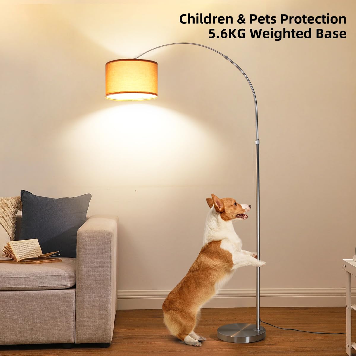 ANTENLICHT LUNA Bogenlampe Wohnzimmer Stehlampe Vintage, Inklusive LED E27 | Standleuchte mit Braunem Stoffschirm I Fußschalter I Bogenleuchte Geeignet Nickel für Schlafzimmer, Hotel