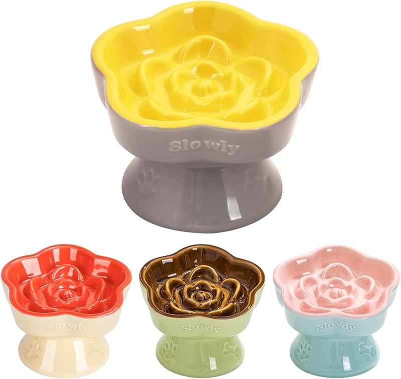 Comedouro lento elevado de cerâmica para gatos S&Q'S CERAMICS, formato flor, amarelo, 14,73 x 14,73 x 10,67 cm