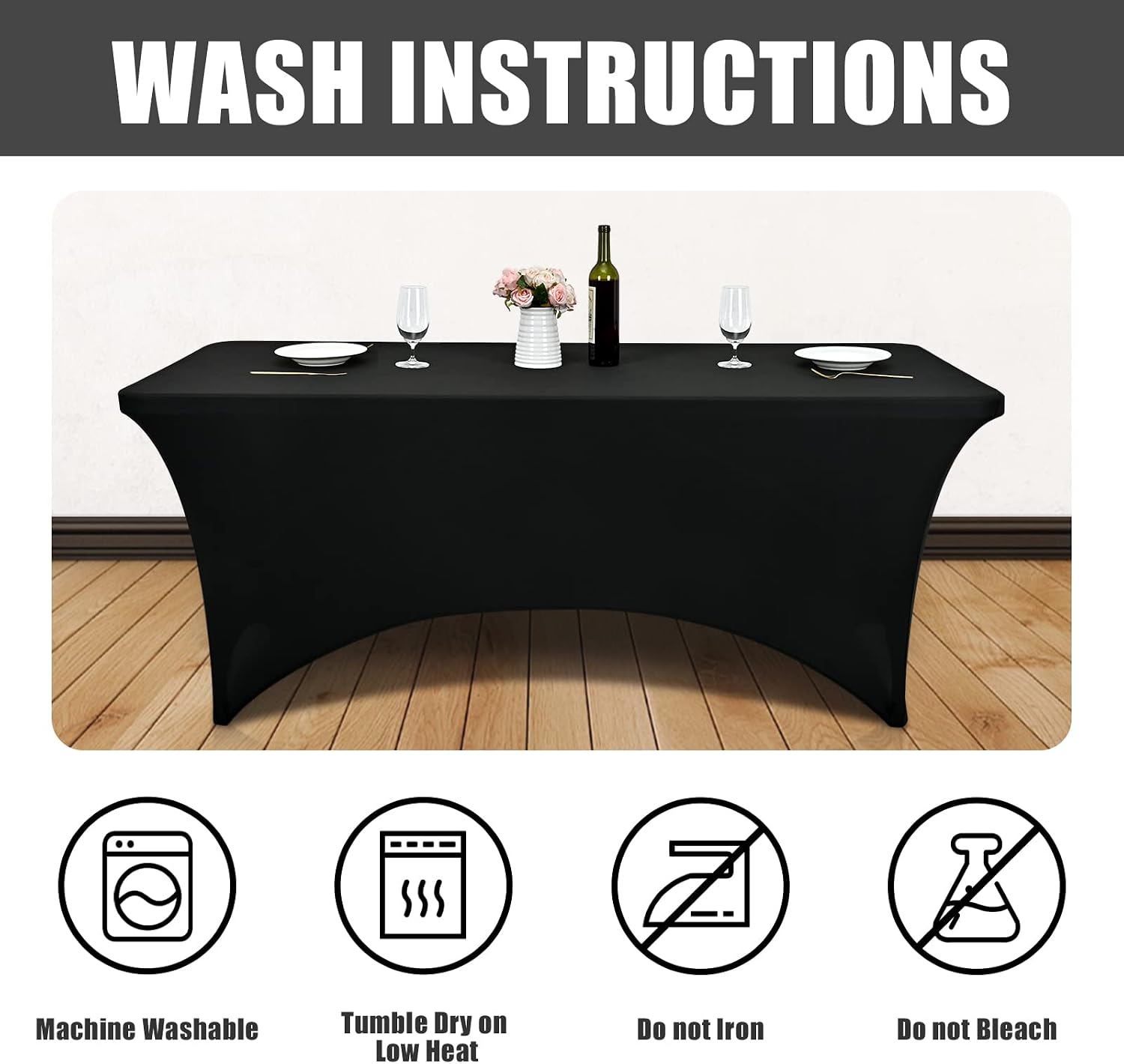 Yastouay 6ft Stretch Table Cloth Spandex Table Cover Tight Fitted for 6ft Rectangular Tables Black Washable Tablecloths for Party, Wedding, Banquet, Outdoor (Black, 6 Ft)