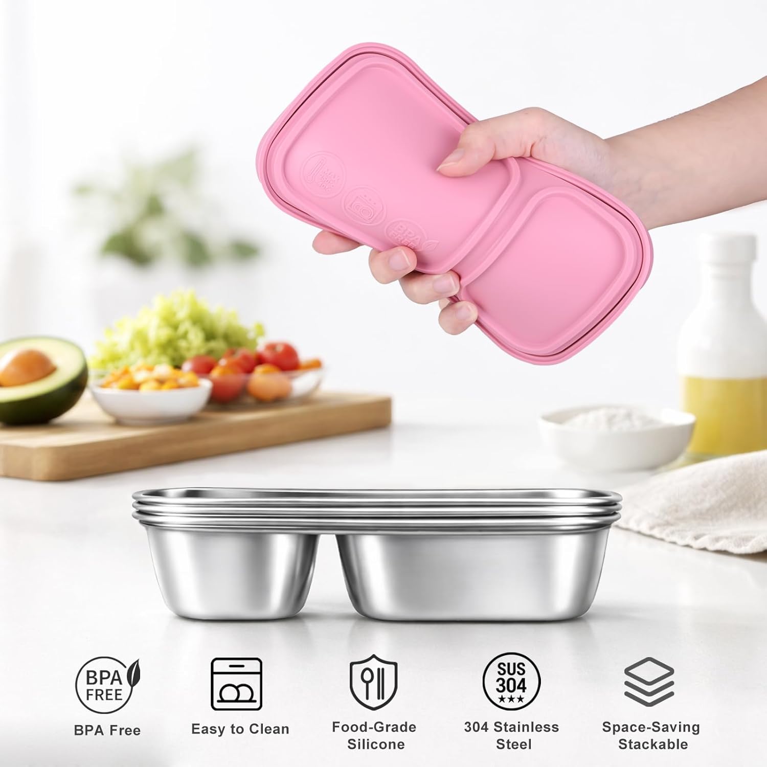 3 Pack Stainless Steel Snack Containers with Silicone Lids, 2-Compartment Snack Containers for Lunch, Office, Travel & Camping(Muted Lilac, Blush Pink, Dusty Rose) - Image 2