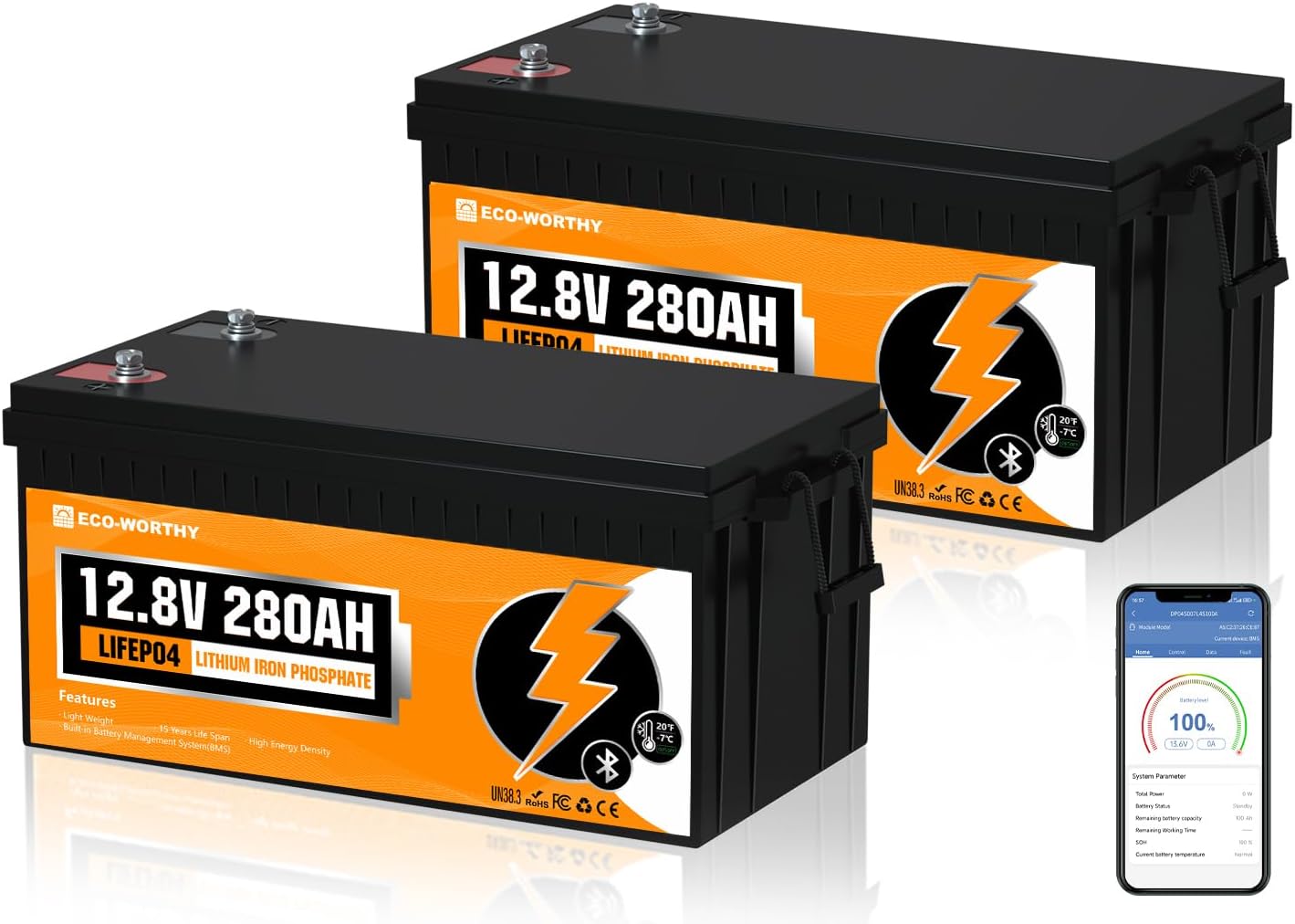 ECO-WORTHY 12V 280Ah 2 Pack LiFePO4 Lithium Battery with Bluetooth, Low Temp Protection, Built-in 200A BMS, 3584Wh Energy. Perfect for Off-Grid, RV, Solar System, Camper, Travel Trailer, Backup System