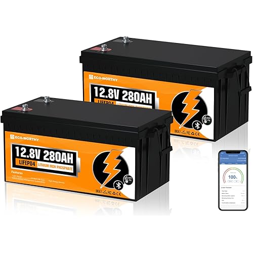 ECO-WORTHY 12V 280Ah 2 Pack LiFePO4 Lithium Battery with Bluetooth, Low Temp Protection, Built-in 200A BMS, 3584Wh Energy. Perfect for Off-Grid, RV, Solar System, Camper, Travel Trailer, Backup System