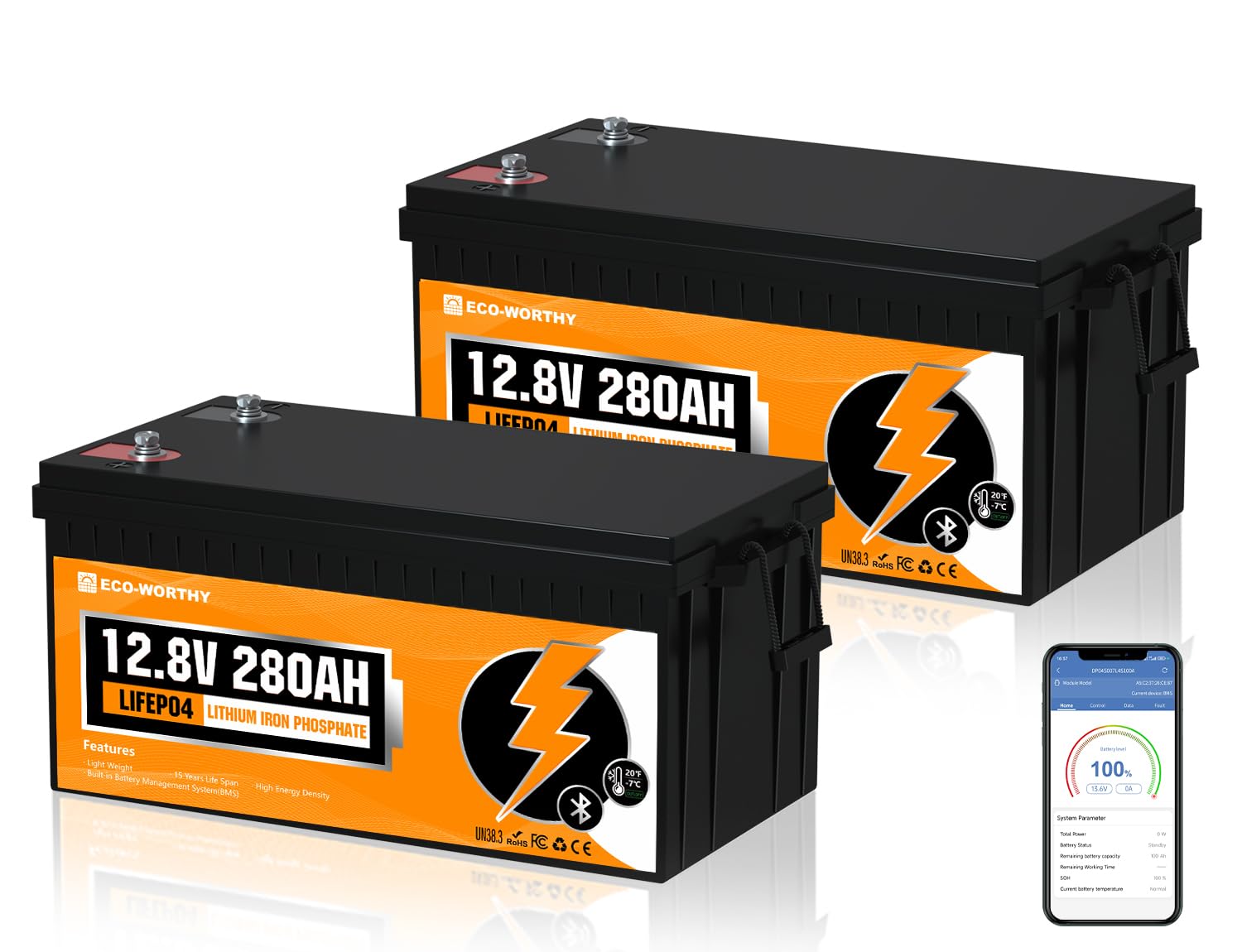 ECO-WORTHY 12V 280Ah 2 Pack LiFePO4 Lithium Battery with Bluetooth, Low Temp Protection, Built-in 200A BMS, 3584Wh Energy. Perfect for Off-Grid, RV, Solar System, Camper, Travel Trailer, Backup System