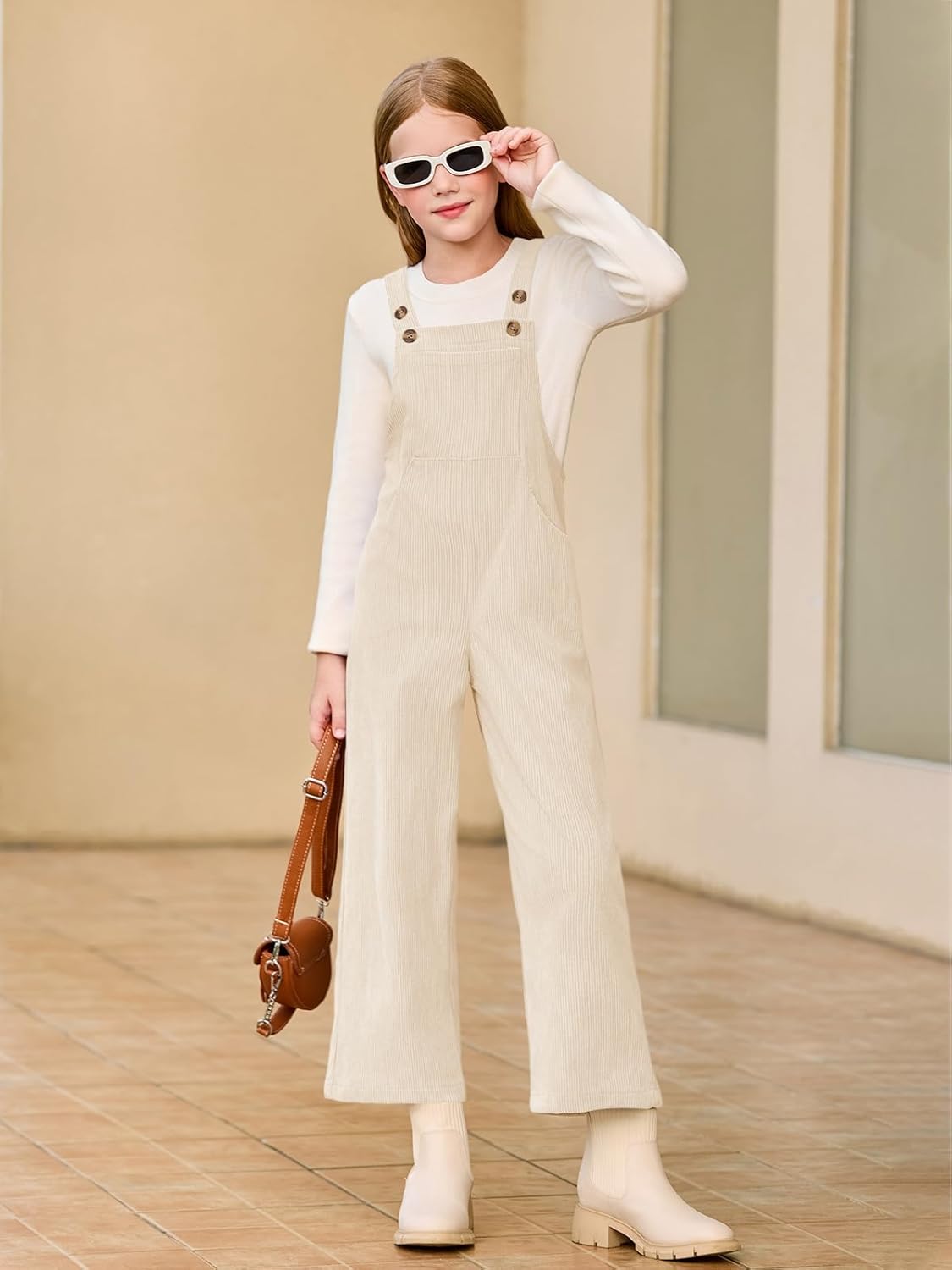 Haloumoning Girls Corduroy Overalls Kids Cute Adjustable Straps Wide Leg Jumpsuit with Pockets 5-14 Years - Image 2