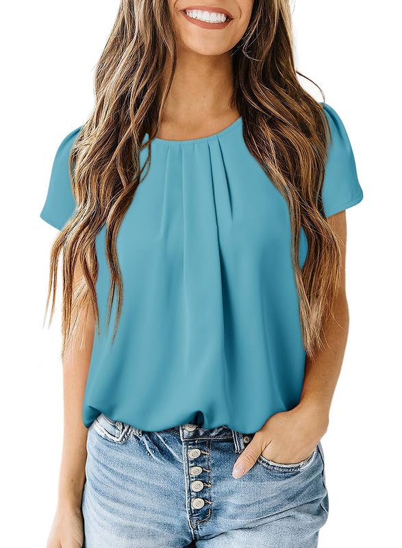 Dokotoo Women's Casual Round Neck Basic Pleated Tops Short Sleeve Loose Fit Curved Keyhole Back Chiffon Blouses Tshirts